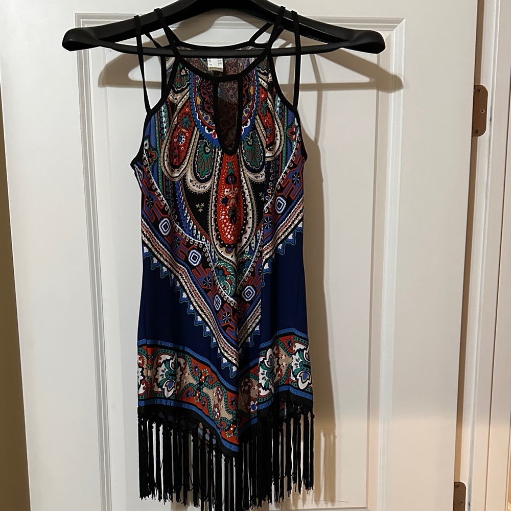 VENUS Multicolor Paisley Mini Dress with Fringe